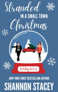 Illustrated cover: Man in a suit trapped in a snowglobe with a brunette woman in front of an old-fashioned red truck with a tree in the back