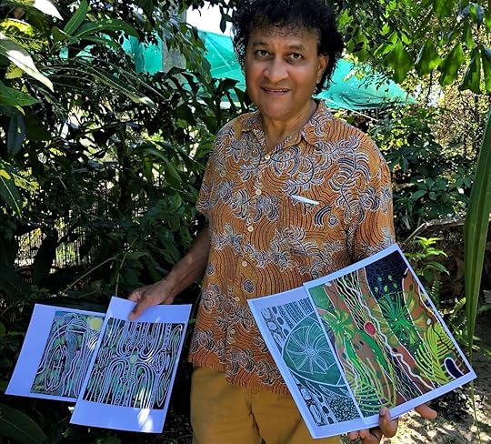 Munganbana Norman Miller in tropical garden with Rainforest prints