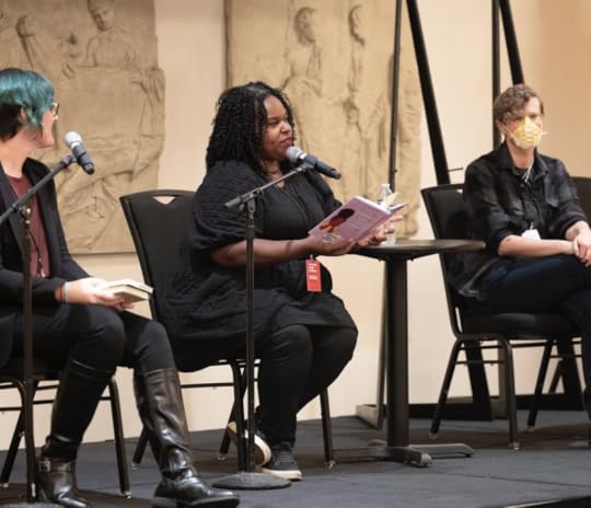 Kate onstage with Renée Watson and Jenn Reese at the Portland Book Festival in a photo By Shawnte Sims