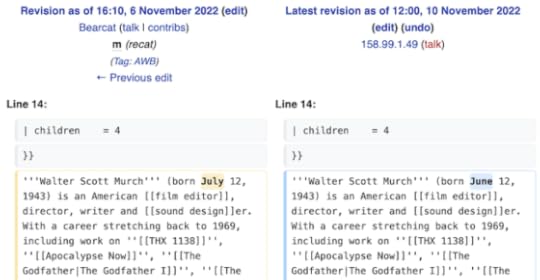 This is a screenshot of Wikipedia, showing that an edit has been made on Walter Murch's page.
