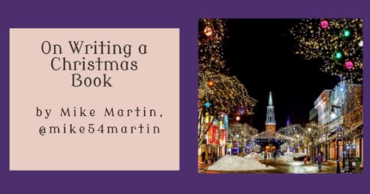 A Christmas scene with colored lights and a church in the background