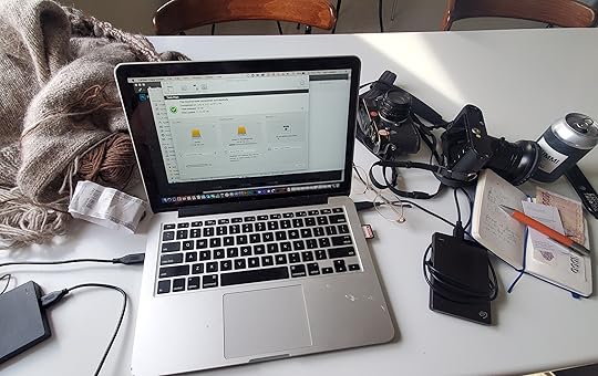 Somewhere on the road. I had two external hard drives that I synched with Carbon Copy and if I had wifi, I let it synch to the cloud. When I left Iceland, I gave Joan one of the hard drives so that if my luggage got stolen or my plane crashed they could still finish the book. Your photos are the only thing that matters.