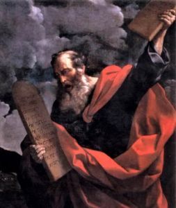 Moses with the 10 commandments after 40 days with God
