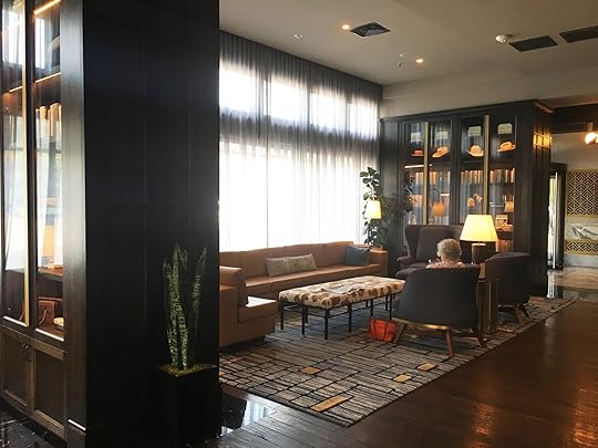 Book-filled lobby in a remodeled 1927 hotel in downtown on historic route 66.