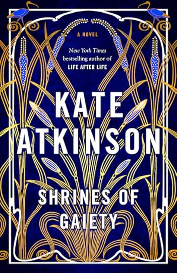 Royal blue cover shows golden stemmed foxgloves with pelicans sitting on top. It in an illustrated - etched style. 