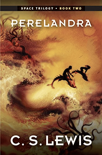 Win an eBook of Perelandra.This image is of the book's cover showing a man and woman riding dolphin-like creatures in a choppy amber sea.