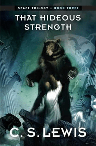 That Hideous Strength.This image is of the book's cover showing a standing bear about to attack a man in a white lab coat