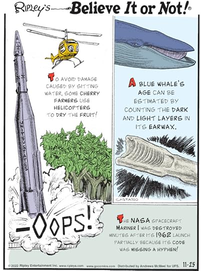 1. To avoid damage caused by sitting water, some cherry farmers use helicopters to dry the fruit! 2. A blue whale's age can by estimated by counting the dark and light layers in its earwax. 3. -Oops! The NASA spacecraft Mariner 1 was destroyed minutes after its 1962 launch partially because its code was missing a hyphen!