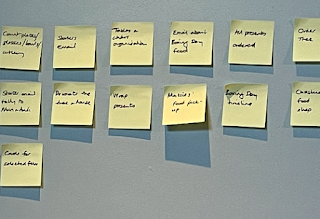 A pic of a pale blue wall, with a selection of yellow Post It Notes stuck on. Each one has a task written on it in black marker. If you zoom in enough, you'd read things like 'Wrap presents', All presents ordered' and ''Count plates, bowls, cutlery'