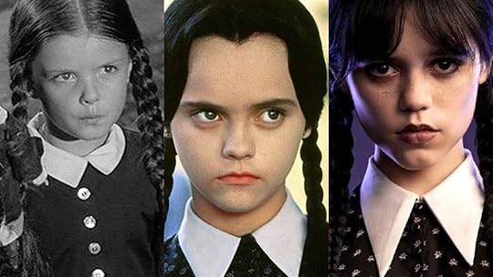 split photo of three version of wednesday addams from 1964 movie, 90s Christina Ricci, and Jenna Ortega in Netflix series
