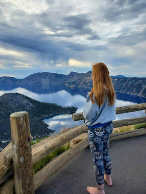 Elizabeth Bourgeret, Crater Lake, bare feet, sugar skulls, author on tour, Picture