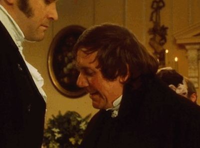 David Bamber as Mr. Collins introduces himself to Colin Firth as Mr. Darcy in the 1995 adaptation of Pride and Prejudice.