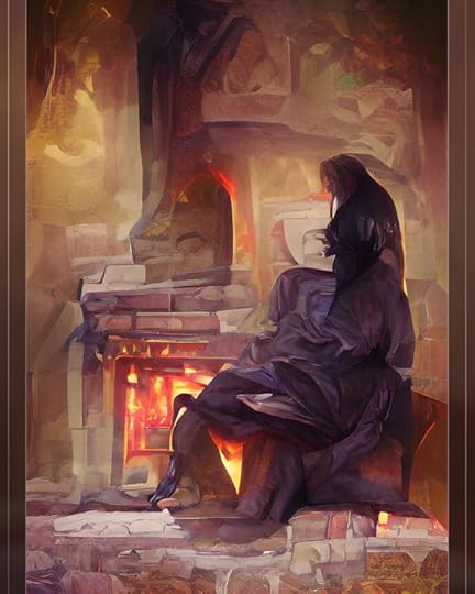 AI art using Dream with prompt of Poet sitting by fire
