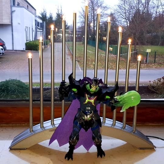 Skelegod figure with Christmas lights