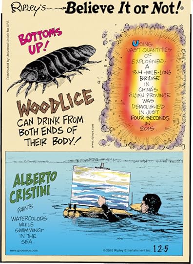 1. Bottoms Up! Woodlice can drink from both ends of their body! 2. Using vast quantities of explosives, a 3.4-mile-long bridge in China’s Fujian province was demolished in just four seconds in 2015. 3. Alberto Cristini paints watercolors while swimming in the sea.