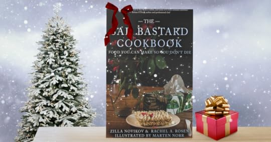 A very Christmas sad bastard cookbook. The book next to a tree and a present, plus it's snowing.