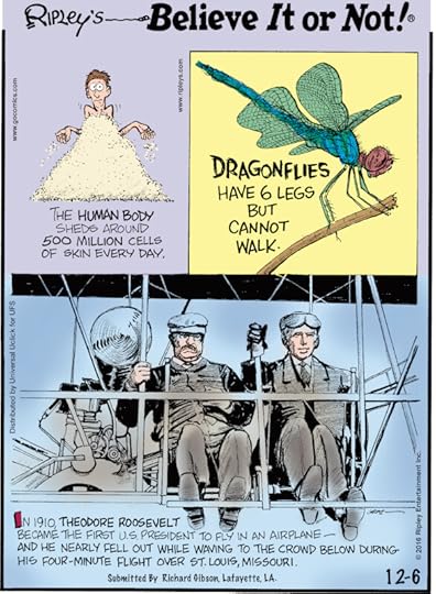 1. The human body sheds around 500 million cells of skin every day. 2. Dragonflies have 6 legs but cannot walk. 3. In 1910, Theodore Roosevelt became the first US president to fly in an airplane—and he nearly fell out while waving to the crowd below during his four-minute flight over St. Louis, Missouri. Submitted by Richard Gibson, Lafayette, LA