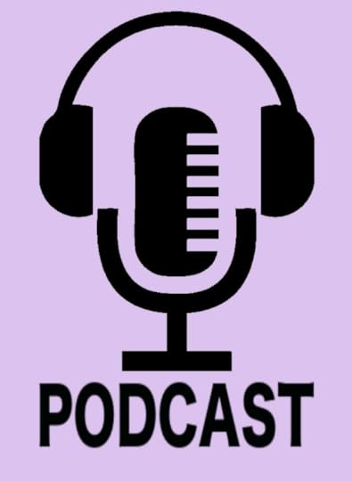 Purple background with a black microphone and headset with the word podcast