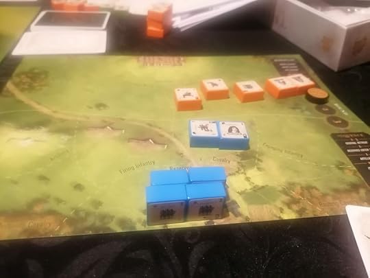 Close up of the battle map with blocks from both sides on it