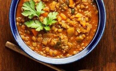 A bowl of Mexican lentil soup.