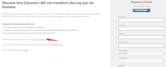 Opening a free 30-day trial of Dynamics 365 for Sales