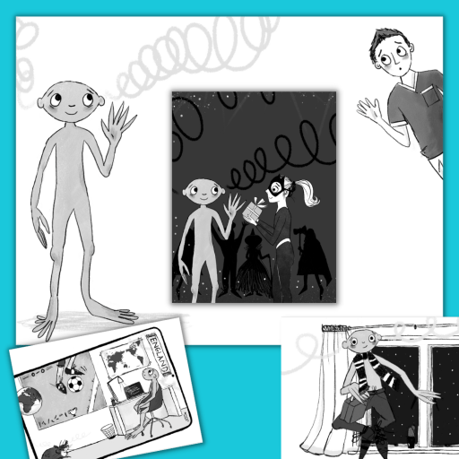 Collage of images of alien, girl in catsuit outfit and young boy Charlie, from Eeek! the Runaway Alien chapter book
