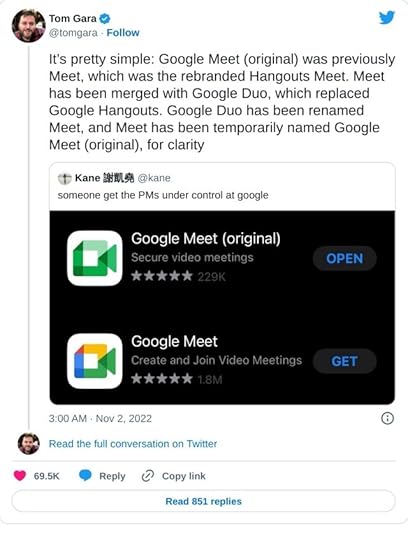 It’s pretty simple: Google Meet (original) was previously Meet, which was the rebranded Hangouts Meet. Meet has been merged with Google Duo, which replaced Google Hangouts. Google Duo has been renamed Meet, and Meet has been temporarily named Google Meet (original), for clarity https://t.co/Wa3wkj5nqE— Tom Gara (@tomgara) November 2, 2022