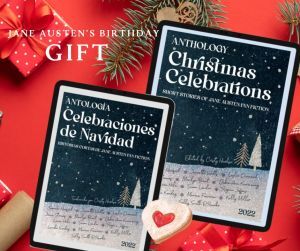 The image has two versions of the Jane Austen Christmas Anthology 2022. One is in English and one in Spanish. It has a short story by Monica Fairview and 12 other authors who write Jane Austen stories. The cover shows a dark sky with white Christmas trees and stars. 