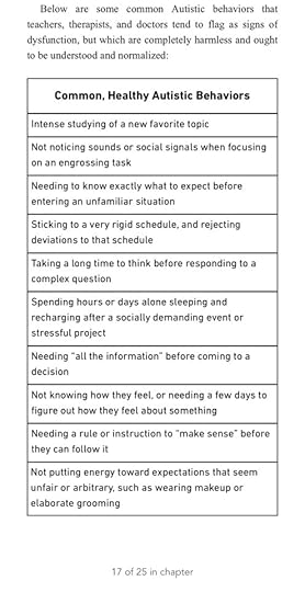 A screenshot of a book that lists common autistic behaviors like wanting to know what to expect when entering a new situation or needing a few days to sort out feelings. The text calls these behaviours normal and reasonable and says therapist who flag them as disfunctions are wrong. 
