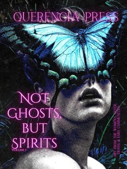 a face, the eyes and forehead are covered by the wings of a large butterfly, neon pink lettering for title and subtitle 