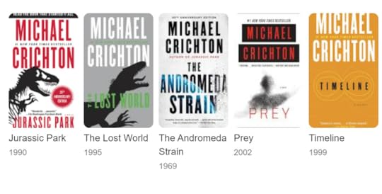 Photos of book covers of five of Michael Crichton's novels, including his first, The Andromeda Strain