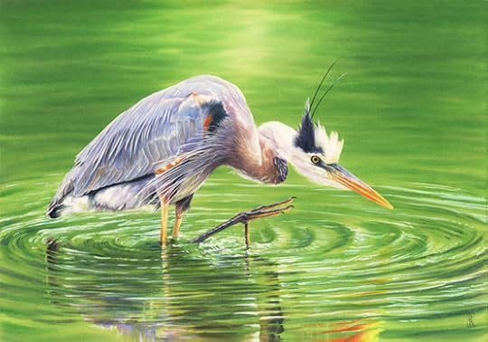 Water color painting of a Great Blue Heron standing in a green pond. The heron has one leg up, mid-stride and is staring intently into the water, as if looking for a fish. Hence the title "Reading The Menu". Painting by Canadian artist JC Little.