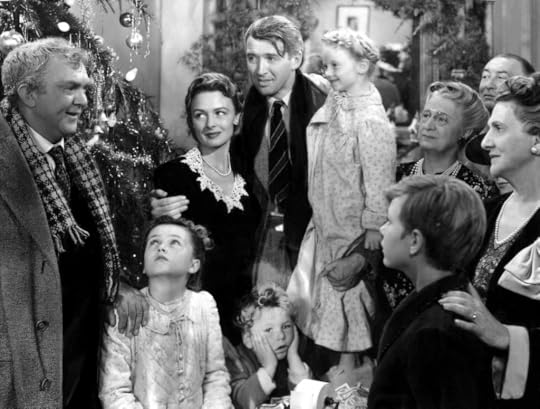 Three generations of a1940s-era family gathered in their in their Christmas-decorated living room, gazing hopefully at a older man who has just walked in.