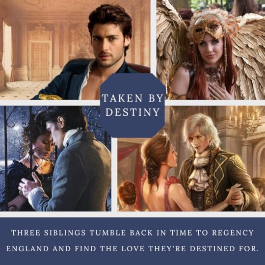 A block of four images- a man with a cane, a woman wearing feather wings and a mask, a man and woman sharing a kiss through a garden gate, and a man and woman in Regency era clothes dancing at a ball.