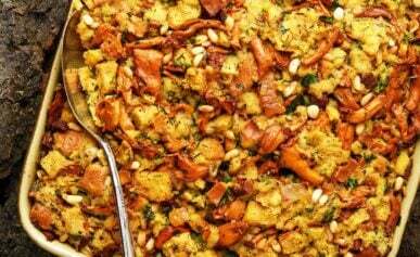 A casserole dish of wild mushroom stuffing, ready to eat.
