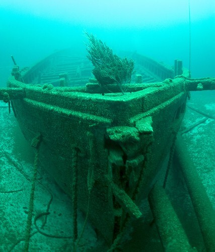 Bow of the Rouse Simmons with a Christmas tree placed on her deck. Photo by Wisconsin Historical Society. From Shipwrecks of the Great Lakes: The Rouse Simmons (the Christmas Tree Ship)