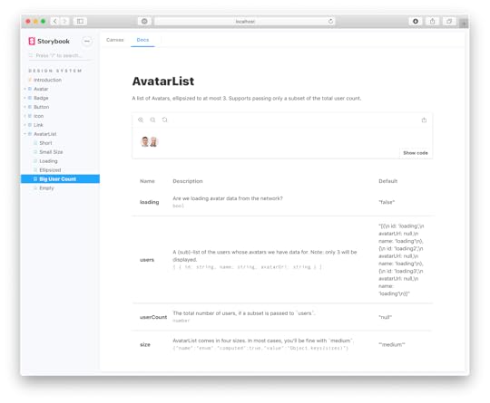 Storybook's docs for design system elemenets