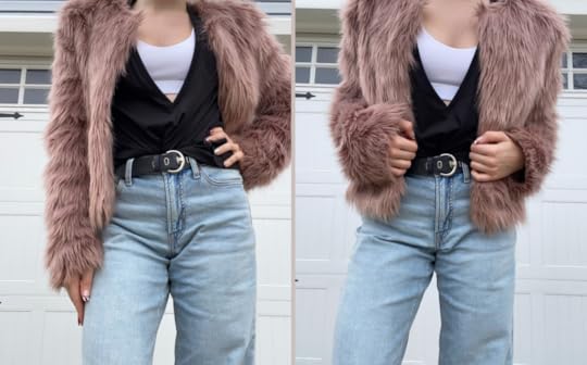kristen kubek popflex daring deep v styled with jeans white corset bra pink faux fur jacket