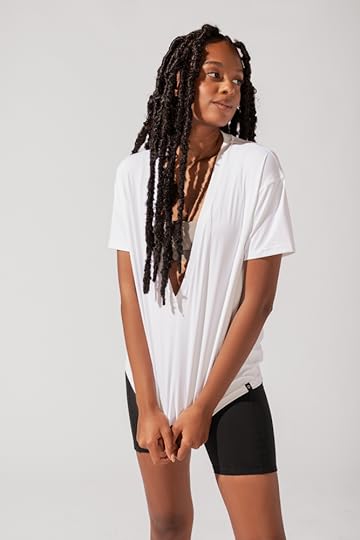 POPFLEX Daring Deep V Tee White layered over sports bra and biker shorts