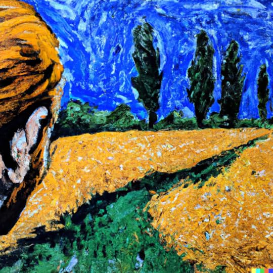 A painting titled of a man staring into a wheat field with cypresses and curiosity in the style of Vincent van Gogh created by Matt Murrie using DALLE