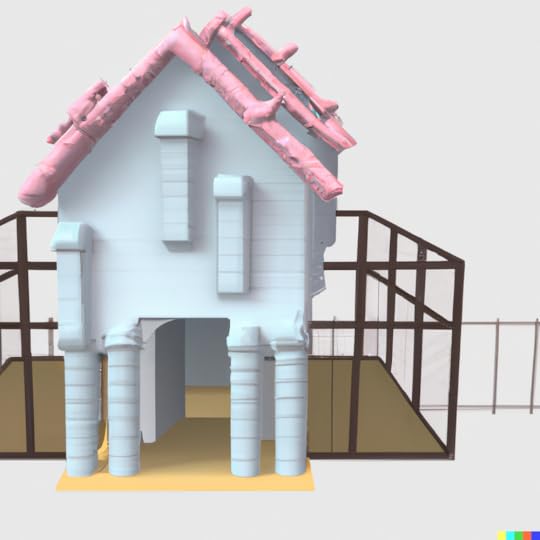 A 3D model of a house designed to provide protection from dinosaurs by Matt Murrie using DALLE