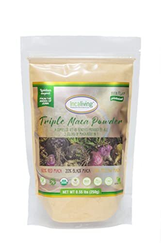 Triple Maca Powder by Incaliving ( Red, Black and Yellow Maca) * 100% USDA Organic * 100% Gelatinized * 250g * Authentic Peruvian MACA
