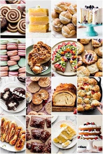 collage of 16 baking recipe photos including pinwheel cookies, vertical cake, pizza rolls, macarons, and more.