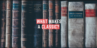 a book shelf of leather bound books with a text box saying "what makes a classic"