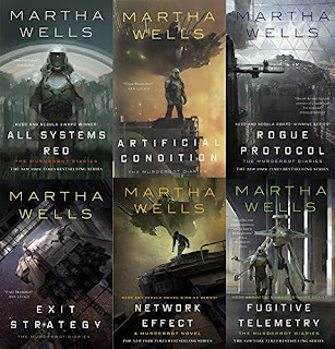 books covers for all 6 volumes in the Murderbot Diaries series