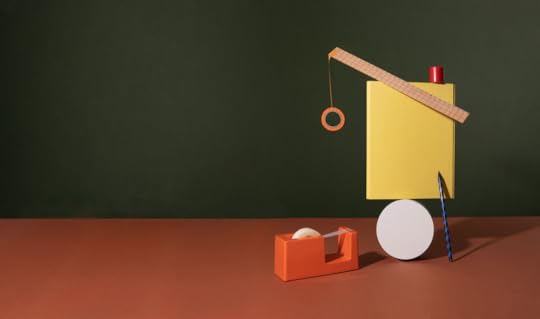 An abstract artwork that comprises cello tape, a rule, a pencil and a cylinder.