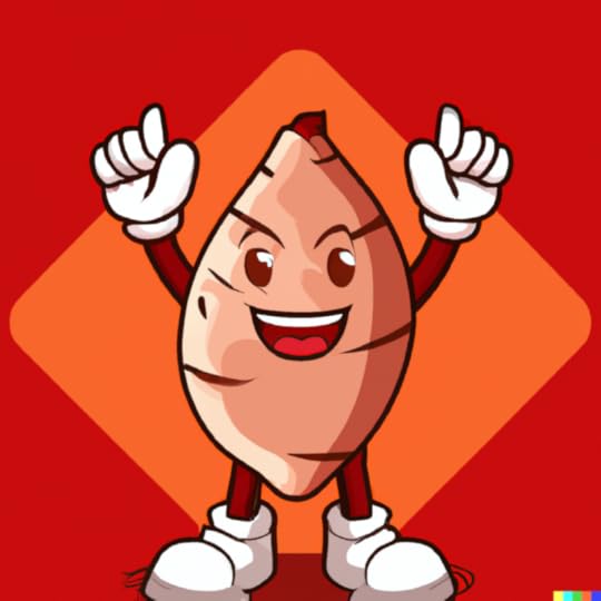I asked DALL-E to draw me a yam in a cartoon style. It's a yam with sorta Mickey Mouse arms and feet. His arms are in the air and he's smiling quite happily. 
