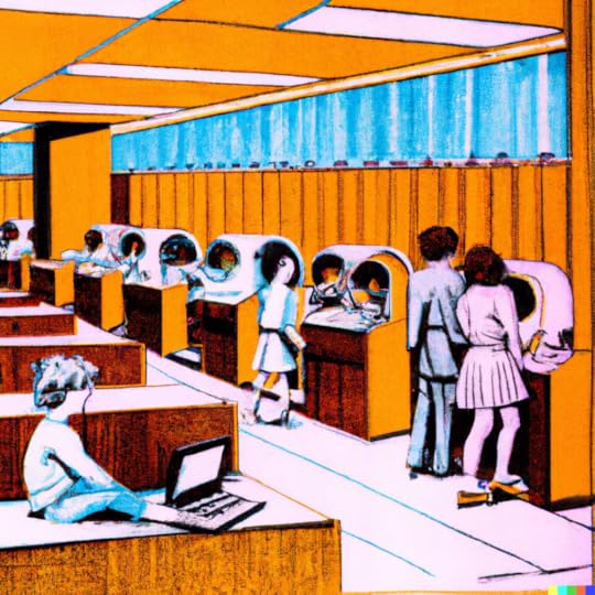 A 1970s grainy vintage illustration of the interior of a futuristic school where education is enhanced by combining ChatGPT with human curiosity created by DALLE