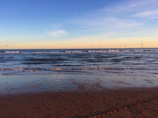 walking on the beach: wind turbines