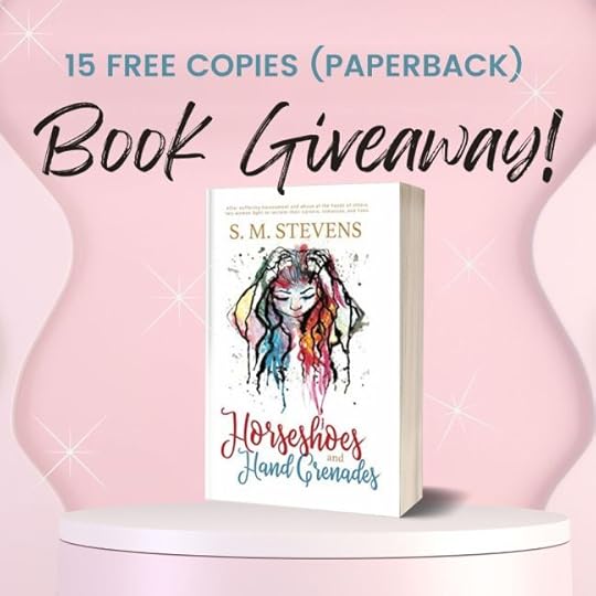 Horseshoes and Hand Grenades book on a pedestal against a pink sparkly background